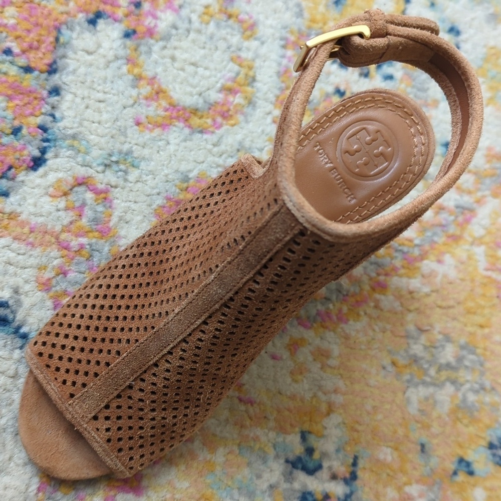 Tory Burch Jessie Perforated Suede Leather Peep Toe High Heel Booties Brown 6.5 - Picture 9 of 16